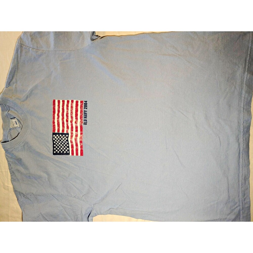 2004 Vintage Old Navy Mens Blue Crew Neck Short Sleeve USA Flag Graphic Size L